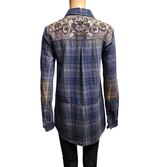 Free People Embellished Blue Plaid Buttondown Tunic Top S - Picture 7 of 16